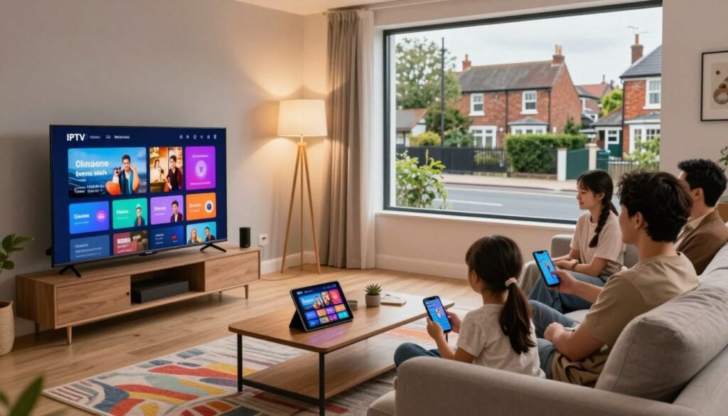 A cozy living room in a modern UK home featuring multiple devices streaming IPTV technology. In the foreground, a family of four, dressed in casual but modest clothing, is engaged with their devices: a smart TV displaying colorful IPTV menus, a tablet on a coffee table, and a smartphone in a young adult's hand. The middle ground shows a stylish sofa and a vibrant rug, with soft lighting from a floor lamp creating a warm atmosphere. In the background, large windows reveal a view of a typical UK street, with greenery, brick houses, and overcast skies reflecting the local weather. The image captures a sense of connectivity and family time, spotlighting the convenience and appeal of IPTV technology. A cozy living room in a modern UK home featuring multiple devices streaming IPTV technology. In the foreground, a family of four, dressed in casual but modest clothing, is engaged with their devices: a smart TV displaying colorful IPTV menus, a tablet on a coffee table, and a smartphone in a young adult's hand. The middle ground shows a stylish sofa and a vibrant rug, with soft lighting from a floor lamp creating a warm atmosphere. In the background, large windows reveal a view of a typical UK street, with greenery, brick houses, and overcast skies reflecting the local weather. The image captures a sense of connectivity and family time, spotlighting the convenience and appeal of IPTV technology.