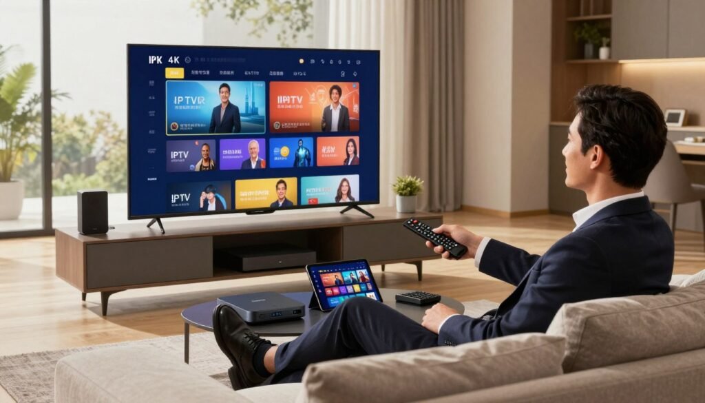 A modern living room featuring a sleek television displaying vibrant IPTV streaming content, showcasing premium 4K channels. In the foreground, a professional elegantly dressed individual sits comfortably on a stylish couch, holding a remote, with an expression of satisfaction. In the middle ground, an array of streaming devices is neatly arranged on a media console, including a modern set-top box and a tablet displaying a streaming interface. The background reveals a large window letting in warm, natural light, creating a cozy atmosphere. The room is tastefully decorated with contemporary furniture and tech gadgets, reflecting a blend of comfort and advanced technology. The overall mood is relaxed and inviting, emphasizing the enjoyment of cutting-edge IPTV services.