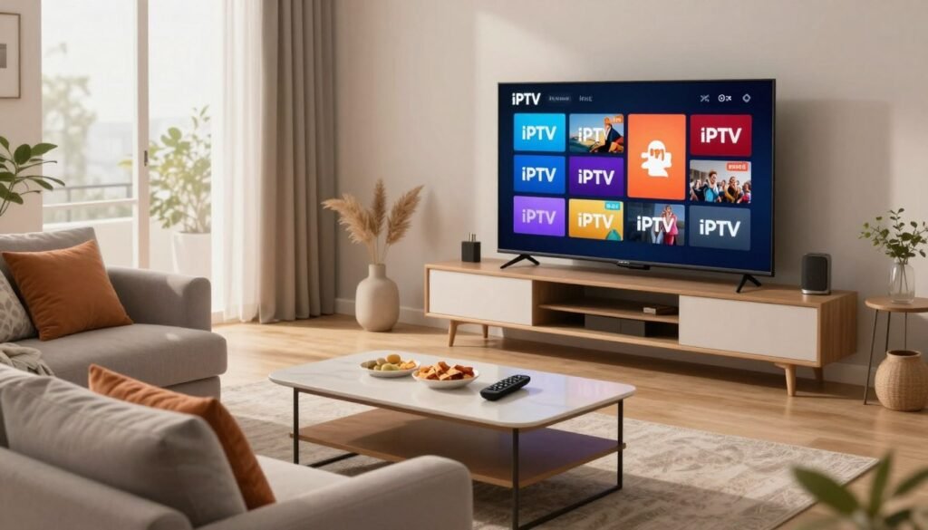A modern living room featuring a stylish TV setup with a sleek screen displaying vibrant IPTV channel logos, all set against a backdrop of a cozy, well-decorated space. In the foreground, an inviting sofa with colorful cushions, creating a relaxed atmosphere. The middle ground showcases a contemporary coffee table with a remote control and snacks arranged for viewing. Soft, warm lighting illuminates the scene, creating an inviting ambiance that suggests comfort and entertainment. In the background, a window reveals a bright day outside, adding a touch of reality. The overall mood is one of sophistication and modernity, illustrating the appealing aspects of IPTV in contrast to traditional TV.