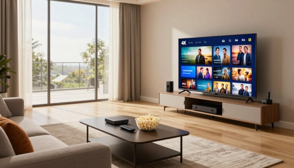 A modern living room scene showcasing IPTV technology in the United Kingdom. In the foreground, a sleek smart television displaying vibrant 4K images related to various channels and movies. A comfortable sofa is positioned nearby, with a stylish coffee table featuring a remote control and popcorn. In the middle ground, a contemporary entertainment unit houses IPTV devices and streaming boxes. The background features a large window with daylight streaming in, illuminating the room, creating a warm and inviting atmosphere. Use a wide-angle lens perspective to capture the entire space, highlighting the connection between technology and home life. Ensure the overall mood is positive and engaging, emphasizing the convenience and sophistication of modern IPTV services.