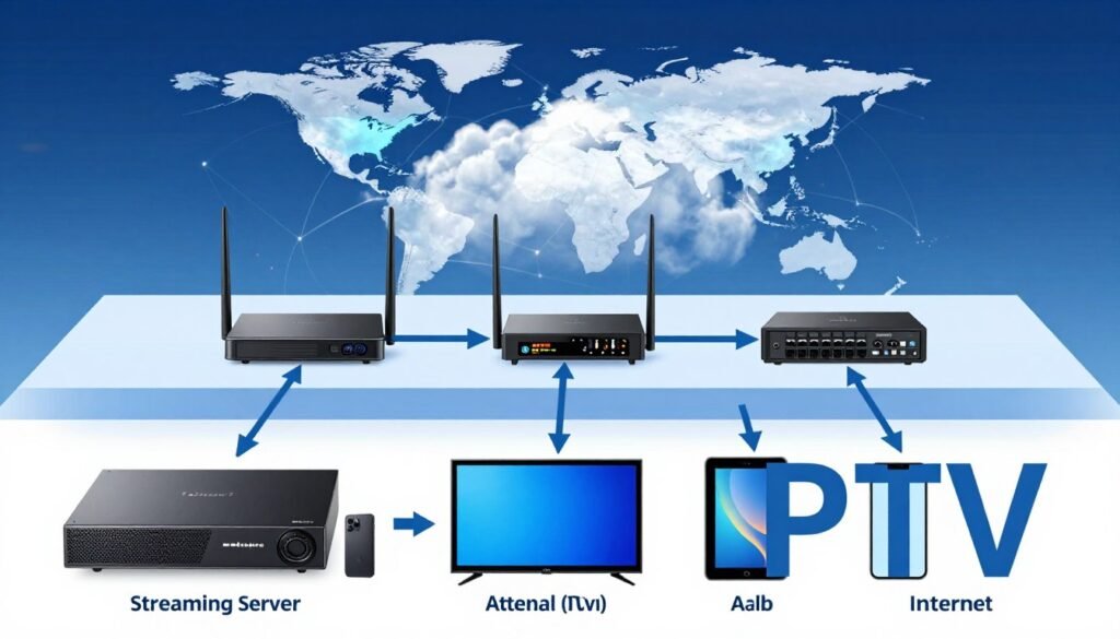 A detailed diagram illustrating internet protocol television (IPTV) streaming technology. The foreground features labeled components such as a streaming server, user devices (like smart TVs, tablets, and smartphones), and an internet connection symbol. The middle layer showcases network infrastructure, including routers and switches connected with arrows indicating data flow. In the background, a stylized representation of the internet cloud and global connectivity is visible. The overall lighting is bright and clear, resembling a technical presentation, with a focus on digital connectivity. The atmosphere conveys innovation and modern technology, creating a professional and informative visual experience perfect for understanding IPTV services.