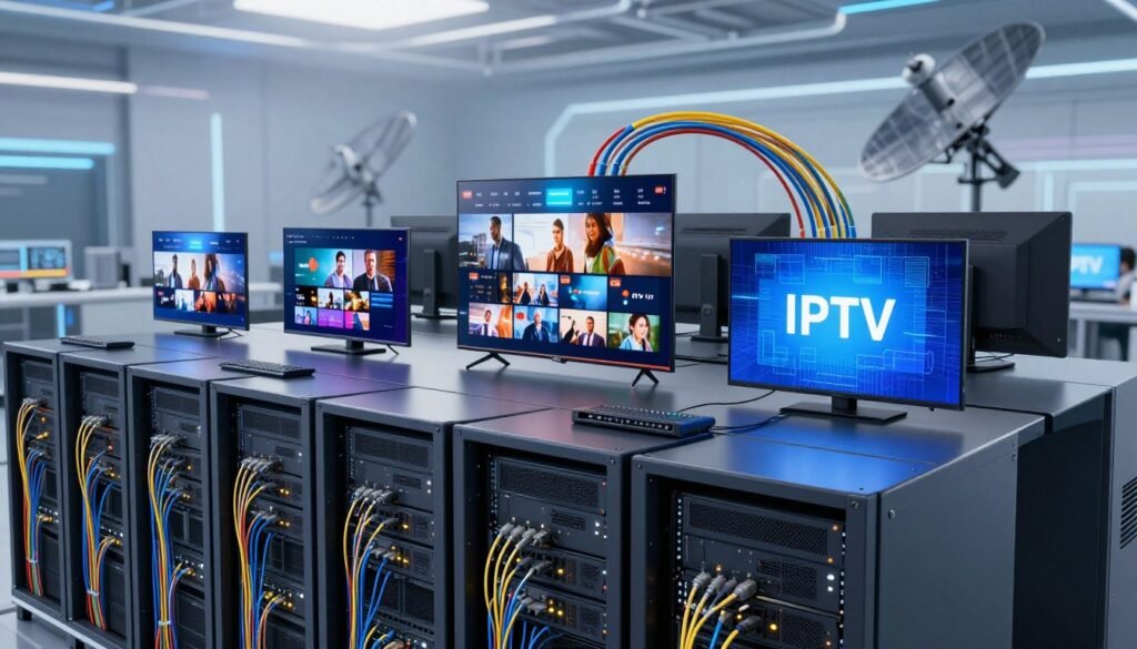 A detailed illustration of IPTV technology infrastructure and streaming delivery systems, depicting a modern data center environment in the foreground with server racks displaying blinking lights and cables. In the middle ground, visualize various digital devices like smart TVs and tablets showcasing IPTV content, reflecting high-definition visuals. The background features a complex network of fiber optic cables and satellites under a softly lit, futuristic atmosphere. Use a wide-angle lens perspective to capture the scale of the infrastructure, with a cool color palette emphasizing technology and innovation. Ensure the lighting is bright yet atmospheric, creating a sense of advanced digital connectivity. The overall mood should convey efficiency, modernity, and the seamless flow of data.