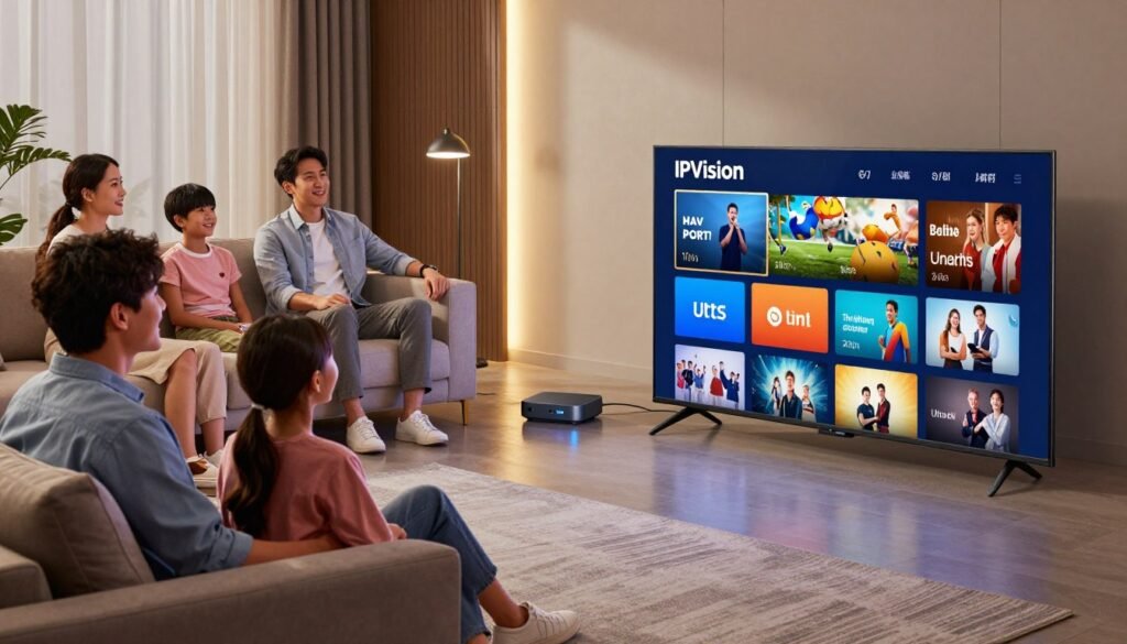 A modern living room scene showcasing the IPVision IPTV service. In the foreground, a sleek smart TV displays a vibrant interface featuring various premium channels labeled with icons symbolizing sports, movies, and documentaries, all in stunning Ultra 4K quality. A family, dressed in casual yet professional attire, gathers comfortably on a stylish couch, engrossed in a viewing experience. In the middle ground, a high-tech streaming device glows softly, connected to the TV. The background features contemporary decor with subtle lighting that creates a warm and inviting atmosphere. The room is well-lit, emphasizing clarity and detail, with a cinematic angle that captures the excitement of cutting-edge streaming technology. The mood is joyful and engaging, illustrating a premium entertainment experience.