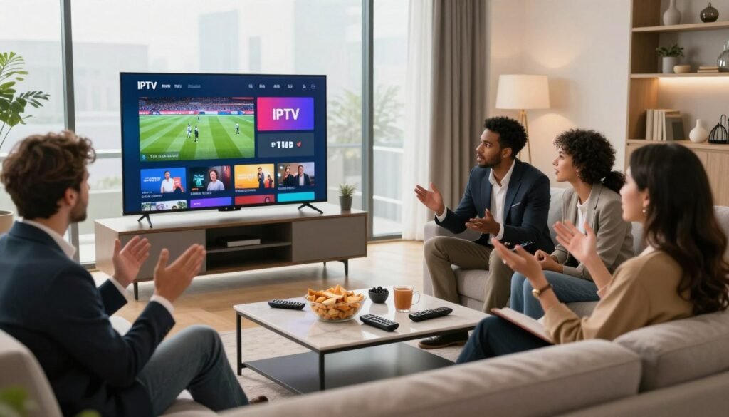 A modern living room with a sleek, stylish TV displaying a vibrant IPTV streaming interface showcasing live sports and TV channels. In the foreground, a group of diverse individuals, including a man in a business suit and a woman in smart casual attire, are engaged in an enthusiastic discussion while sitting on a comfortable couch. The middle ground features a coffee table cluttered with snacks and remote controls, adding to the relaxed atmosphere. The background showcases large windows with natural light flooding the room, illuminating the contemporary decor and creating a warm, inviting mood. The overall scene conveys a sense of excitement about IPTV technology and its impact on entertainment in 2026.