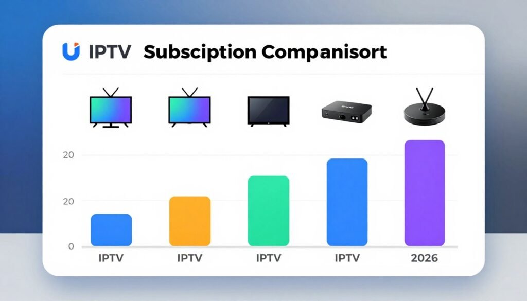 A sleek and modern IPTV subscription cost comparison chart displayed prominently on a clean, white background. In the foreground, vibrant bar graphs illustrate different subscription costs for popular UK IPTV services, each represented with distinct colors. The middle section features icons of televisions and streaming devices symbolizing modern technology and entertainment. The background includes a subtle gradient of blue and grey, evoking a contemporary digital atmosphere. Soft, diffused lighting highlights the chart, creating a polished, professional appearance. The image embodies a sense of clarity and focus, appealing to UK households considering IPTV options in 2026.