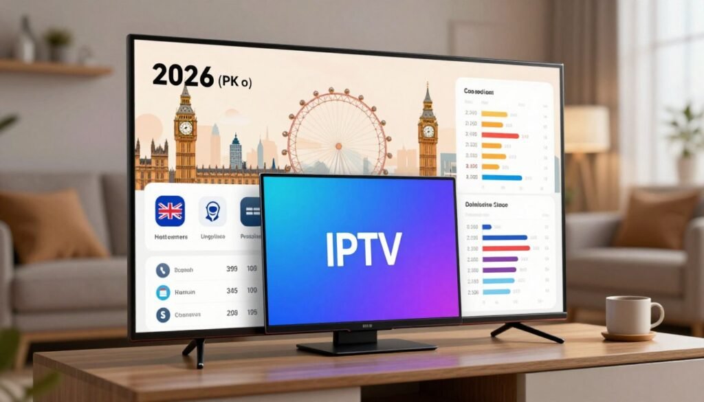 A visually engaging infographic depicting a cost comparison between IPTV services and traditional television providers in the UK for 2026. In the foreground, a sleek digital device displays vibrant IPTV logos, surrounded by clear, colorful price charts and icons reflecting various service options. The middle layer features abstract silhouettes of British landmarks like Big Ben and the London Eye, symbolizing UK culture. In the background, a modern living room setting with soft, ambient lighting creates a warm atmosphere, hinting at a cozy viewing experience. The perspective is slightly angled, giving depth to the scene, while ensuring clarity and focus on the data presented, evoking a sense of innovation and convenience.
