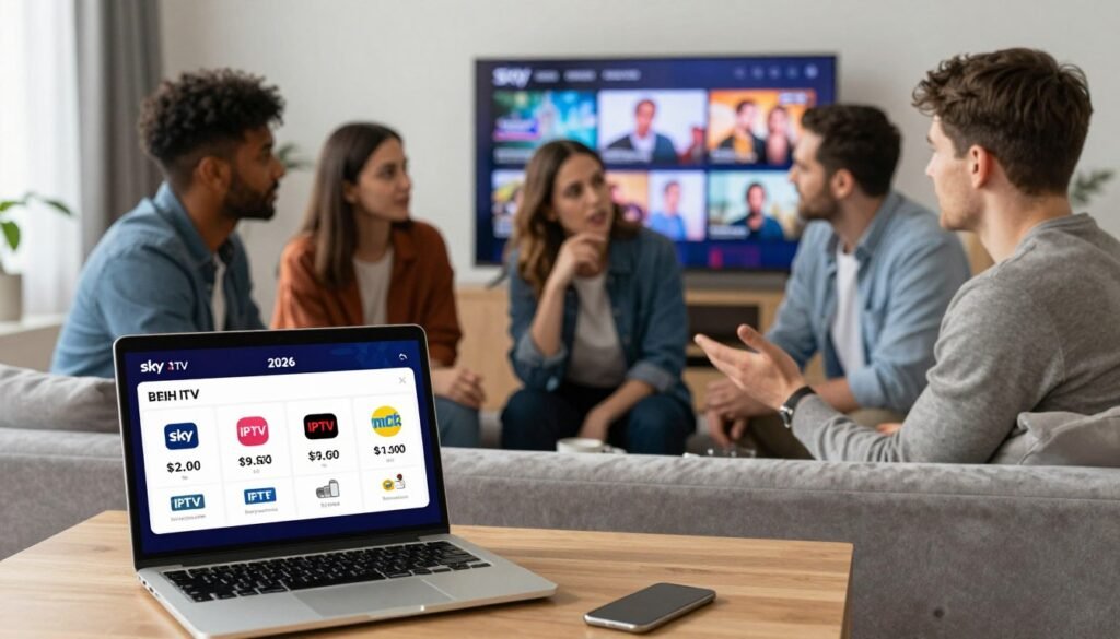 A visually engaging comparison of British IPTV services versus Sky TV costs in 2026. In the foreground, a professional but casual setup featuring a laptop displaying a vibrant infographic illustrating price differences and service features, with icons representing various IPTV platforms. The middle layer includes a diverse group of three people—two men and a woman—in business casual attire, actively discussing the comparison, with expressions of curiosity and engagement. The background showcases a modern living room with a large flat-screen TV streaming high-quality content, subtly highlighting the growing trend towards IPTV. Soft, natural lighting enhances the inviting atmosphere of the room, while a wide-angle view captures the essence of content consumption in contemporary British households.