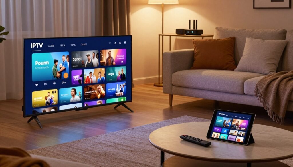 A modern living room showcasing a UK IPTV streaming service in action. In the foreground, a sleek smart TV displays a vibrant IPTV interface with colorful thumbnails of popular shows and channels. To the right, a stylish coffee table holds a remote control and a tablet with streaming options. In the middle ground, a comfortable sofa with cushions invites viewers to relax and enjoy the content, while a shelf in the background features various streaming devices. Soft, warm ambient lighting creates a cozy atmosphere. The room is tastefully decorated with contemporary furnishings. Capture the scene from a slightly elevated angle, highlighting the tech-savvy and relaxed lifestyle associated with UK IPTV. The mood is inviting and modern, perfect for tech enthusiasts and casual viewers alike.