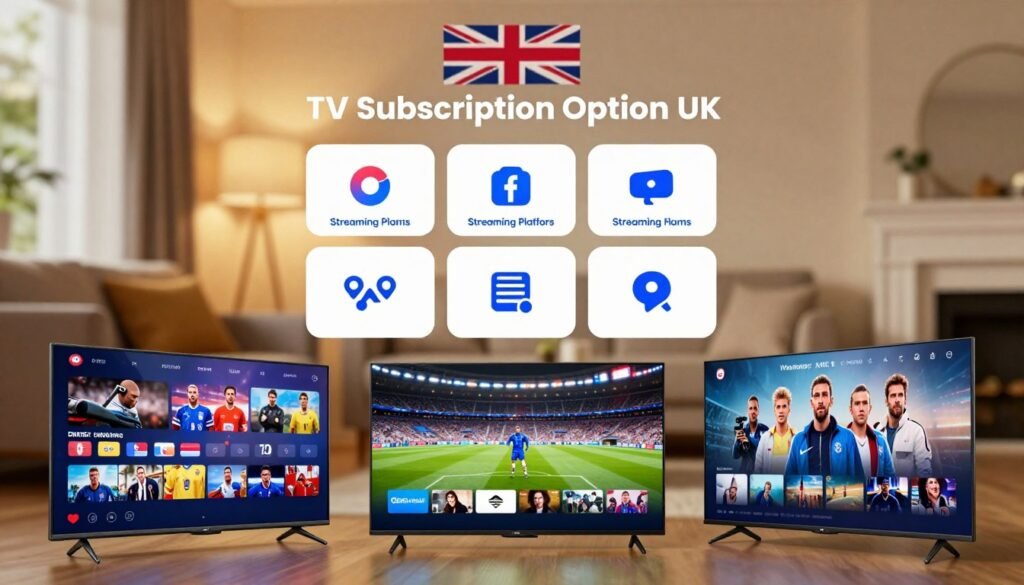 A visually engaging overview of TV subscription options in the UK. In the foreground, display a collection of sleek, modern televisions showcasing various sports and entertainment channels, with some glowing screens depicting popular sports events and films. In the middle ground, include user-friendly icons representing different subscription services like streaming platforms and cable options, arranged in an informative layout. In the background, depict a cozy living room setting bathed in warm, inviting lighting, suggesting relaxation and entertainment. Use a shallow depth of field to emphasize the televisions and icons, while creating a soft, blurred ambiance around the room. The overall mood should feel inviting and energetic, highlighting the excitement of entertainment choices. A visually engaging overview of TV subscription options in the UK. In the foreground, display a collection of sleek, modern televisions showcasing various sports and entertainment channels, with some glowing screens depicting popular sports events and films. In the middle ground, include user-friendly icons representing different subscription services like streaming platforms and cable options, arranged in an informative layout. In the background, depict a cozy living room setting bathed in warm, inviting lighting, suggesting relaxation and entertainment. Use a shallow depth of field to emphasize the televisions and icons, while creating a soft, blurred ambiance around the room. The overall mood should feel inviting and energetic, highlighting the excitement of entertainment choices.